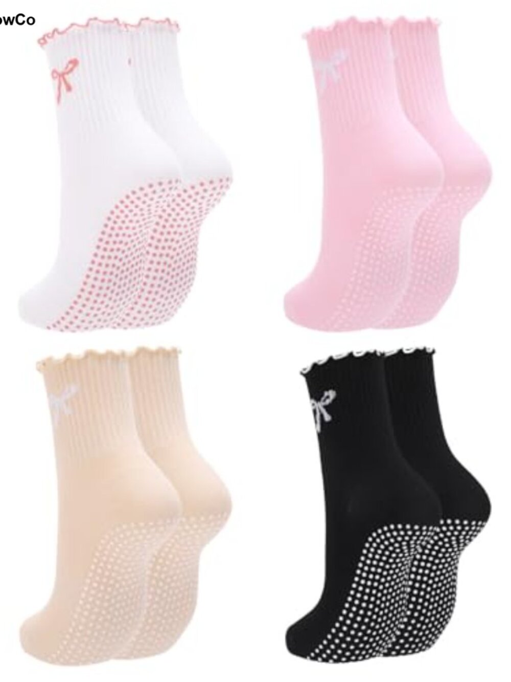 Women's Pilates Yoga Grip Socks Cotton Crew Bow Ruffle 4 Pack
